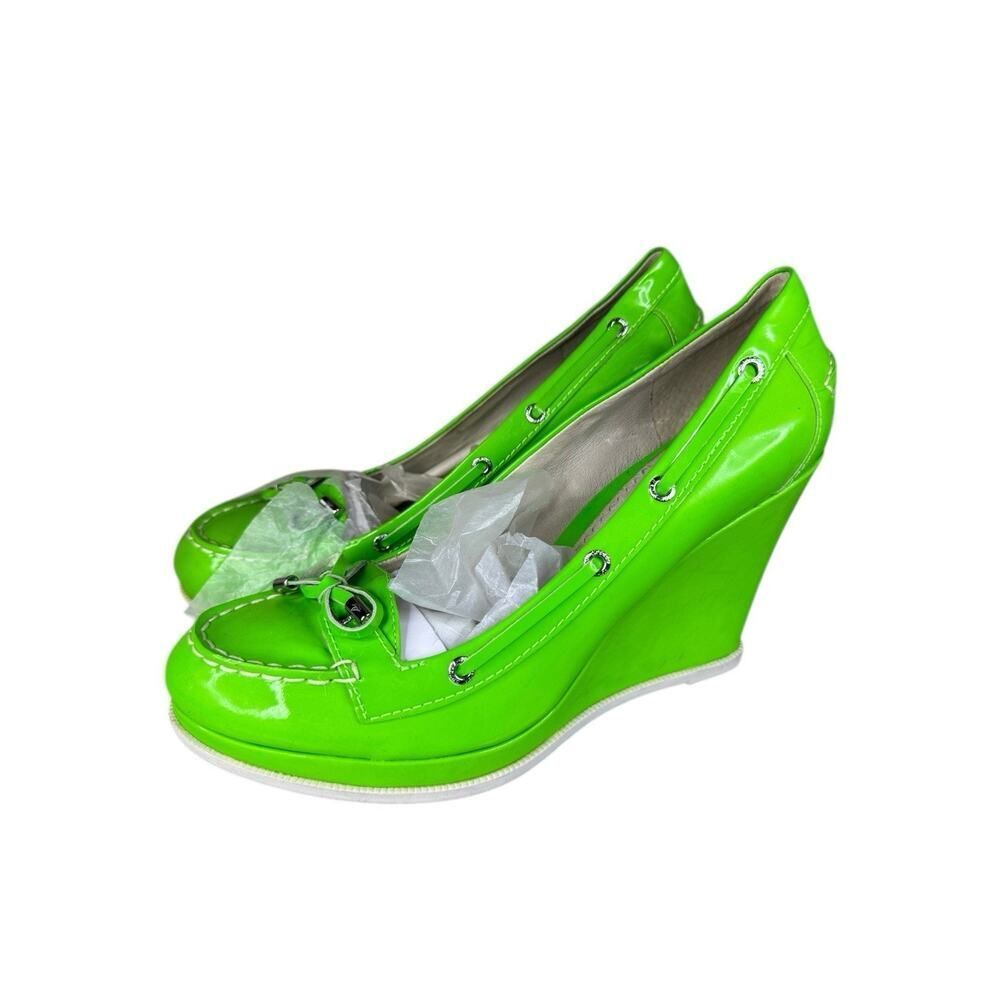 NEW Sperry Jeffrey Neon Green Patent Leather Wedge Pumps Size 10M